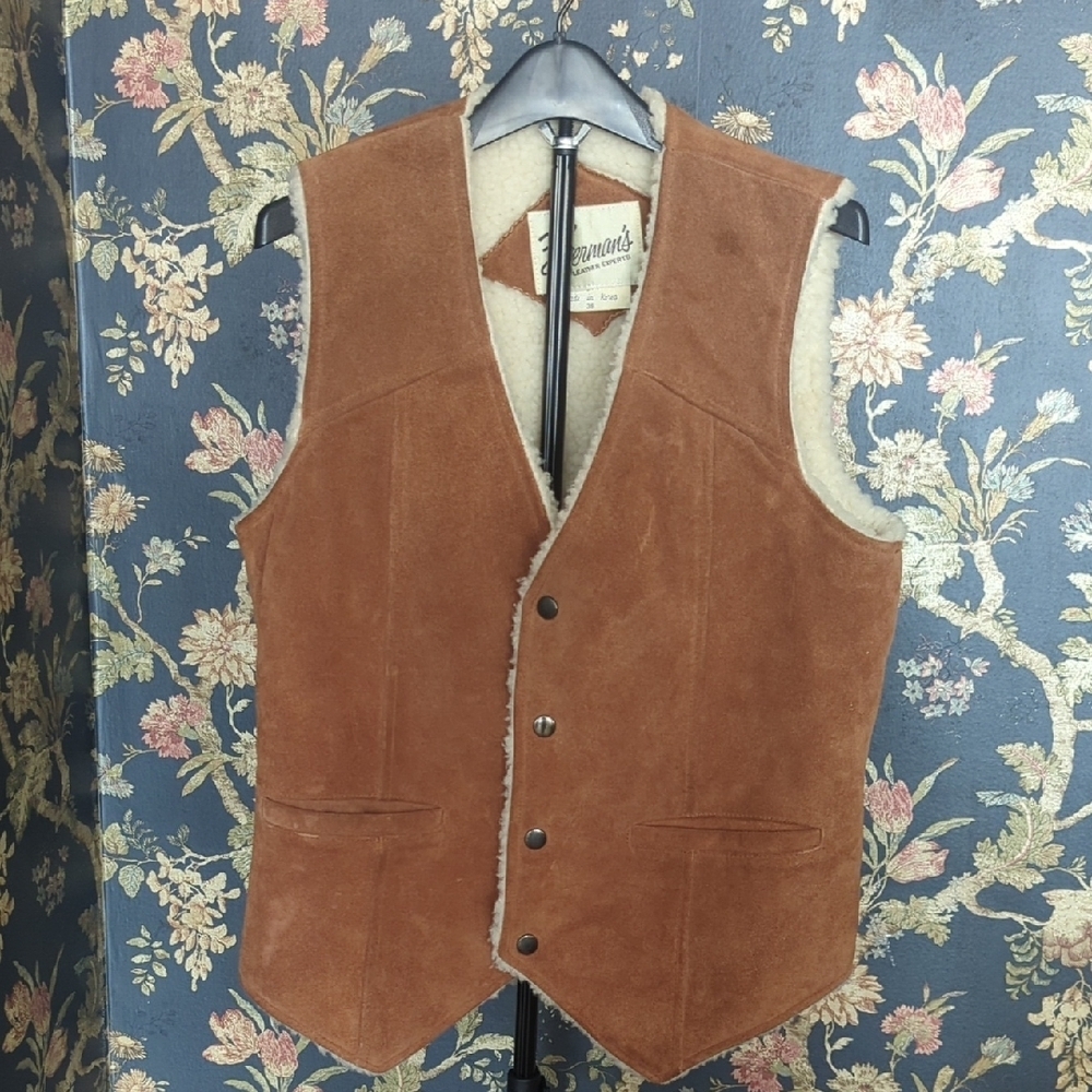 Vintage Berman's Suede Leather Vest with Shearling Lining Brown Size 36